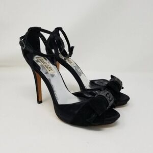 Badgley Mischka Satin Rhinestone Bow Peep Toe Ankle Strap Heel Pump Black Size 8